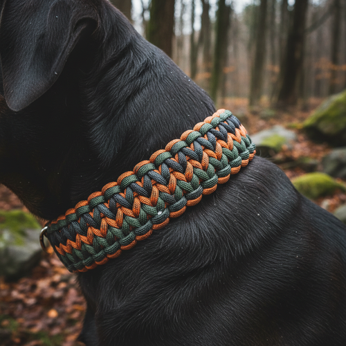 Dog wearing a King Cobra knot handmade paracord collar by Knotted by Dad